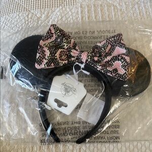 Disney Mouse Ears Black  Headband with Pink Patterned Bow - Loungefly